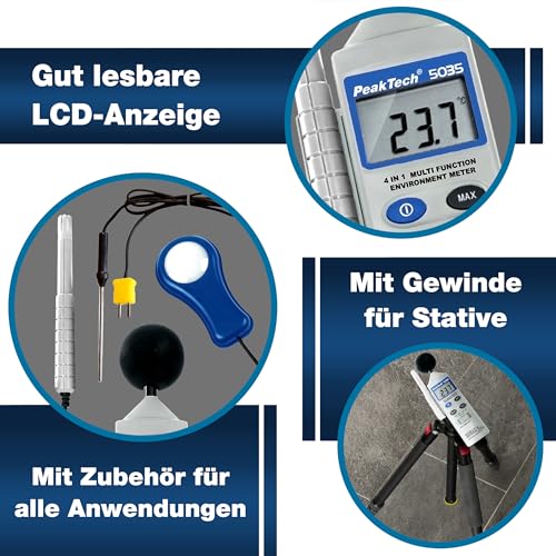 PeakTech 4 in 1 Multifunktions-Umweltmessgerät mit Lux-Meter, Schallpegelmessung, Temperatur und Luftfeuchtigkeit - 6