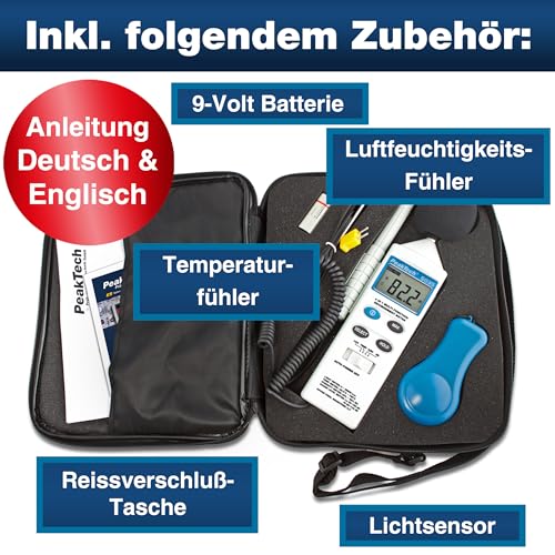PeakTech 4 in 1 Multifunktions-Umweltmessgerät mit Lux-Meter, Schallpegelmessung, Temperatur und Luftfeuchtigkeit - 7